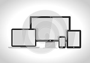 Device Icons: smart phone, tablet and desktop computer. responsive web design.