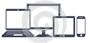 Device Icons, smart phone, tablet, laptop and desktop computer.