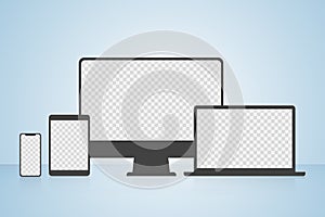 Device icons: smart phone, tablet, laptop and desktop computer. Vector illustration of responsive web design