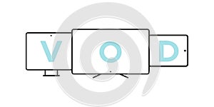 Device Icons: smart TV, desktop computer and tablet. Video on demand concept. Vector illustration, flat design