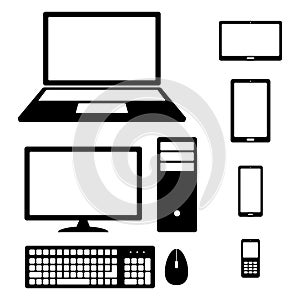 Device Icons smartphone, tablet, laptop, desktop computer, phone, keyboard and mouse