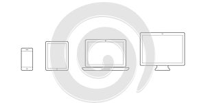 Device Icons: smartphone, tablet, laptop and desktop computer. Vector illustration, flat design