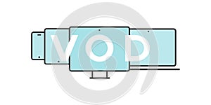 Device Icons: smartphone, tablet, laptop and desktop computer. Video on demand concept. Vector illustration, flat design