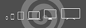 Device Icons: smartwatch, smartphone, tablet, laptop, desktop computer and tv. Black background. Vector illustration, flat design