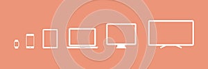 Device Icons: smartwatch, smartphone, tablet, laptop, desktop computer and tv. Orange background. Vector illustration, flat design