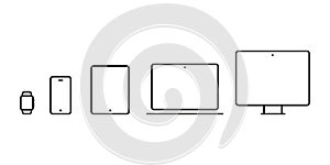 Device Icons: smartwatch, smartphone, tablet, laptop and desktop computer. Vector illustration, flat design