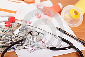 Device for inhalation, inhaler spacer for kids and phonendoscope on the table