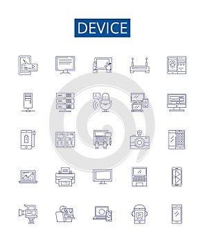 Device line icons signs set. Design collection of Device, Gadget, Tool, Equipment, Implement, Gizmo, Contraption