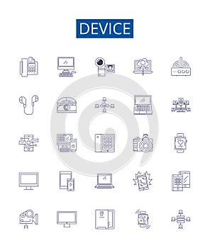 Device line icons signs set. Design collection of Device, Gadget, Tool, Equipment, Implement, Gizmo, Contraption