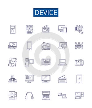 Device line icons signs set. Design collection of Device, Gadget, Tool, Equipment, Implement, Gizmo, Contraption