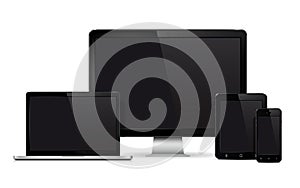 Device mockup template. Set of realistic computer monitor, laptop, mobile phone and tablet pc isolated on white background.