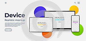 Device realistic mockup. Landing page for app presentation or web page. Minimalistic style web page. Devices realisitic eps 10.