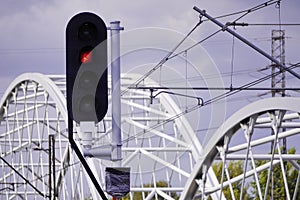 Device for regulating traffic on the lines of high-speed Railways, semaphore, traffic lights, metal structure on the railway.