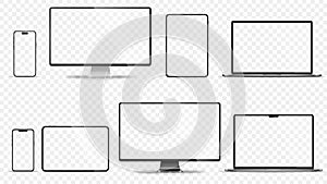 Device screen mockup. Smartphone, tablet, laptop and monoblock monitor, with blank screen for you design