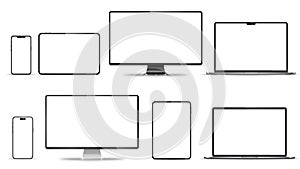 Device screen mockup. Smartphone, tablet, laptop and monoblock monitor, with blank screen for you design