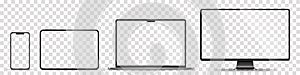 Device screen mockup. Smartphone, tablet, laptop and monoblock monitor, with blank screen for you design