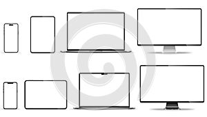 Device screen mockup. Smartphone, tablet, laptop and monoblock monitor, with blank screen for you design