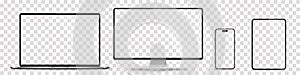 Device screen mockup. Smartphone, tablet, laptop and monoblock monitor, with blank screen for you design