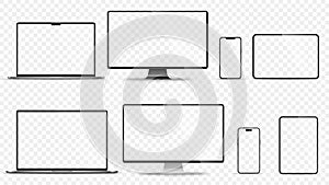 Device screen mockup. Smartphone, tablet, laptop and monoblock monitor, with blank screen for you design