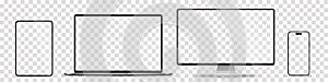 Device screen mockup. Smartphone, tablet, laptop and monoblock monitor, with blank screen for you design