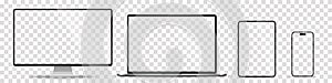 Device screen mockup. Smartphone, tablet, laptop and monoblock monitor, with blank screen for you design