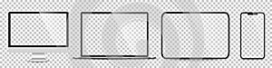 Device screen mockup. Smartphone, tablet, laptop and monoblock monitor, with blank screen for you design. PNG