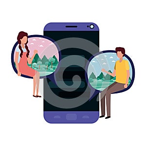 Device screen with young couple sitting avatar character