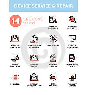 Device service repair - modern vector single line icons set photo