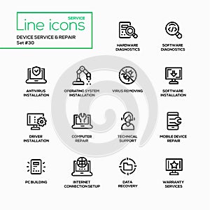 Device service repair - modern vector single line icons set photo