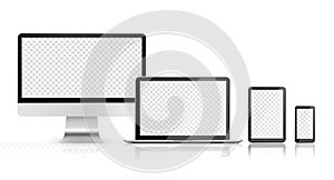 Device set with empty screen. Blank computer monitor, phone, tablet and laptop