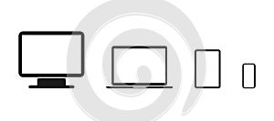 Device Vector Icons, isolated. Computer screen, Laptop, Tablet and Phone, Isolated on White Background in modern simple flat style