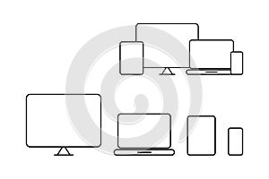 Device Vector Line Icons, isolated. Computer screen, Laptop, Tablet and Phone, Isolated on White Background in modern simple flat