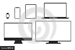 Devices collection smartwatch, smartphone, tablet, laptop, desktop computer, and tv. Digital device icons set, flat style