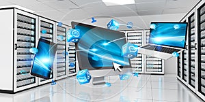 Devices connected on server room data center 3D rendering