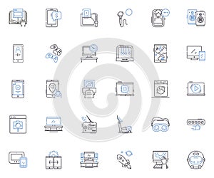 Devices and instruments line icons collection. Smartph, Laptop, Tablet, Camera, MP player, Keyboard, Mouse vector and