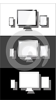 Devices lcd tft monitor phone tablet set variation flat material design landing sites graphic isolated vector objects.