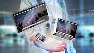 Devices like smartphone, tablet or computer flying over connection network - 3d render