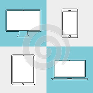 Devices linear icon isolated on white background. Phone social network concept. Flat design, vector. Laptop, tablet computer