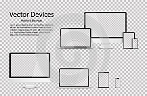 Devices in realistic trendy design on transparent background. Set of computer laptop tablet and smartphone with empty screens.