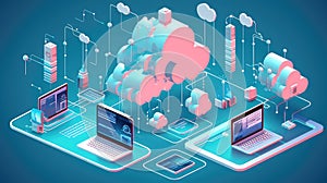 Devices seamlessly connected to a cloud, with data flowing between them, demonstrating the flexibility and scalability of cloud