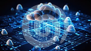 Devices seamlessly connected to a cloud, with data flowing between them, demonstrating the flexibility and scalability of cloud