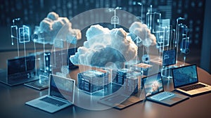 Devices seamlessly connected to a cloud, with data flowing between them, demonstrating the flexibility and scalability of cloud