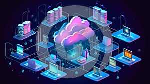 Devices seamlessly connected to a cloud, with data flowing between them, demonstrating the flexibility and scalability of cloud