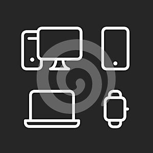 Devices set, desktop computer, smartphone, laptop and smartwatch fat line style icons