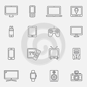 Devices and technology icons set, thin line style