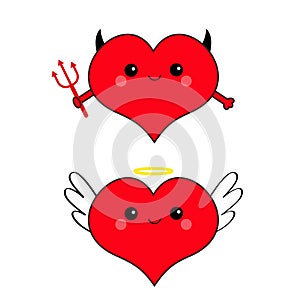 Devil Angel Evil amour. Red heart face head icon set. Trident horn wing nimbus. Cute cartoon kawaii character. Happy Valentines da