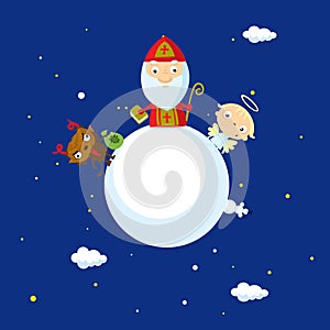 Devil angel saint nicolas on snowy earth globe - vector