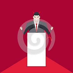 Devil businessman talking on podium.