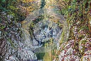 A devil canyon in the gorge of the Khosta River in autumn. Sochi National Park.