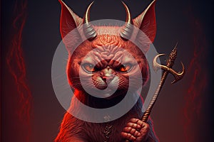 Devil cat at the inferno holding pitchwork. hell in flames illustration generative ai